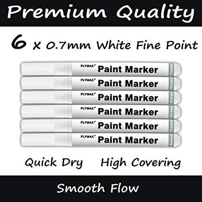 FLYMAX White Paint Pen, 6 Pack 0.7mm Acrylic White Permanent Marker White Paint Pens for Wood Rock Plastic Leather Glass Stone Metal Canvas Ceramic - WoodArtSupply