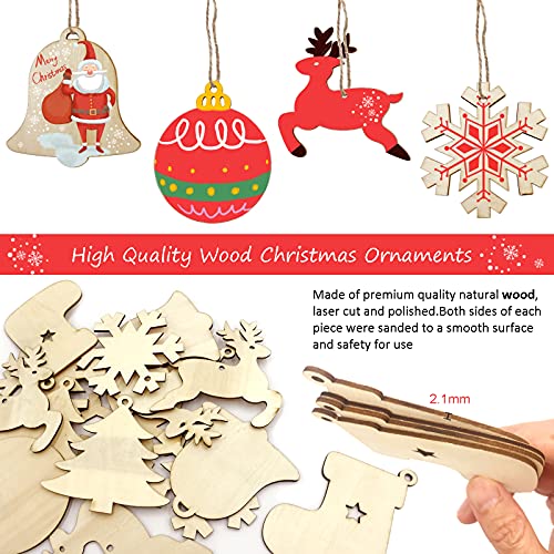 80 Pcs Wooden Christmas Ornaments for Crafts, 8 Styles Unfinished Wood Ornaments With Pens, Gem and Star Stickers, Blank Wood Christmas Tree