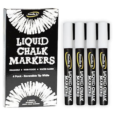 Chalk Markers - 4 White, Erasable, Non-Toxic, Water-Based, Reversible Tips, Crisp White For Kids & Adults for Glass & Chalkboard Markers for Bandle B.