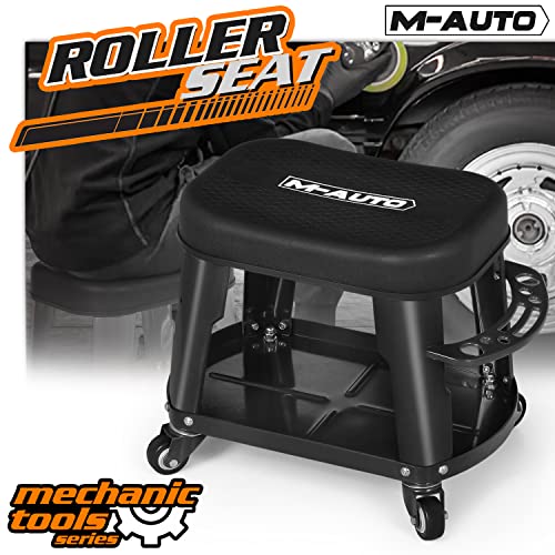 M-AUTO Heavy Duty Garage Rolling Work Seat 300LBS Capacity Mechanics Stool with Wheels, Rolling Work Seat with Equipment Tray and Tool Rack, M-AUTO