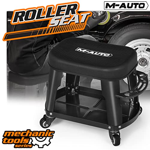 M-AUTO Heavy Duty Garage Rolling Work Seat 300LBS Capacity Mechanics Stool with Wheels, Rolling Work Seat with Equipment Tray and Tool Rack,