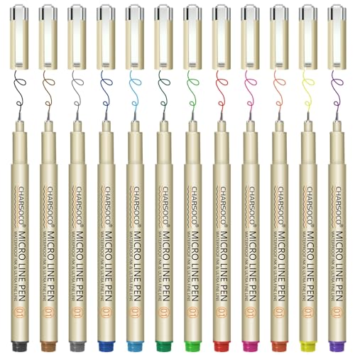 CHARSOCO 01 Micro Pen, Fine Point Pen with 12 Colors, Waterproof Archival Ink, 0.25mm Fineliner Ink Pens for Artist Illustration, Sketching, Anime, CHARSOCO