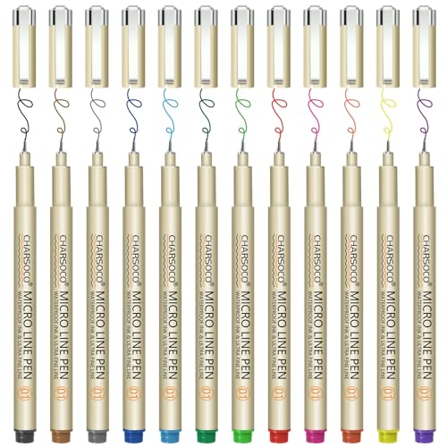 CHARSOCO 01 Micro Pen, Fine Point Pen with 12 Colors, Waterproof Archival Ink, 0.25mm Fineliner Ink Pens for Artist Illustration, Sketching, Anime, - WoodArtSupply