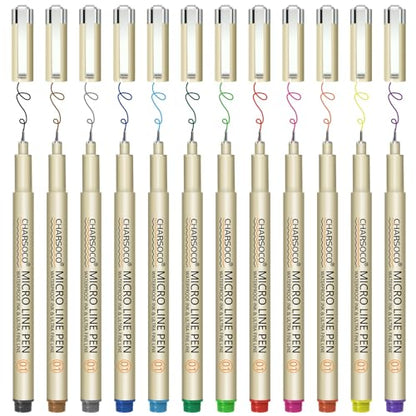 CHARSOCO 01 Micro Pen, Fine Point Pen with 12 Colors, Waterproof Archival Ink, 0.25mm Fineliner Ink Pens for Artist Illustration, Sketching, Anime, - WoodArtSupply