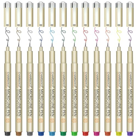 CHARSOCO 01 Micro Pen, Fine Point Pen with 12 Colors, Waterproof Archival Ink, 0.25mm Fineliner Ink Pens for Artist Illustration, Sketching, Anime, CHARSOCO