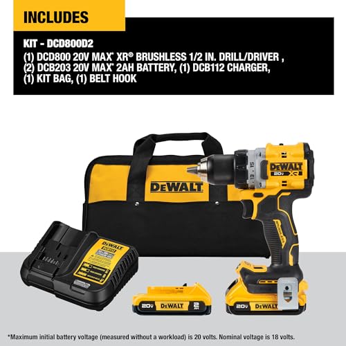 DEWALT 20V MAX XR Cordless Drill / Driver Kit, Brushless, Compact, with 2 Batteries and Charger (DCD800D2) - WoodArtSupply