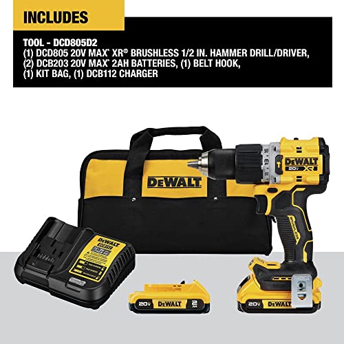 DEWALT 20V MAX* XR® Brushless Cordless 1/2 in. Hammer Drill/Driver Kit (DCD805D2), Yellow DEWALT