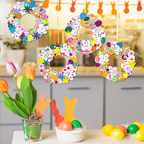 Whaline 12 Sets Easter Foam Stickers Easter Wreath Signs with 400Pcs Cute Bunny Egg Stickers, Rhinestone Sticker, 100Pcs Pom Balls and Yellow Ribbons - WoodArtSupply