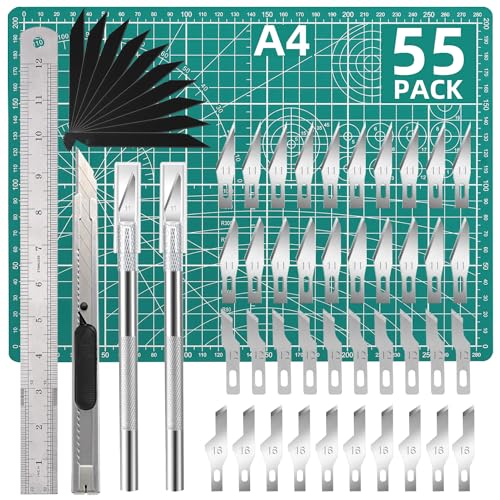 Exacto Knife Set, Craft Cutting Mat Kit, 55 PCS Precision Carving Craft Hobby Knife Kit, With A4 Self Healing Mat, 3 Pcs Craft Knife, Steel Rule, 4 JINSHANGTOPK