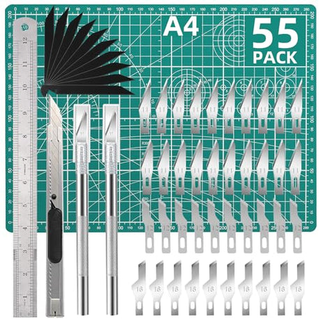 Exacto Knife Set, Craft Cutting Mat Kit, 55 PCS Precision Carving Craft Hobby Knife Kit, With A4 Self Healing Mat, 3 Pcs Craft Knife, Steel Rule, 4 JINSHANGTOPK