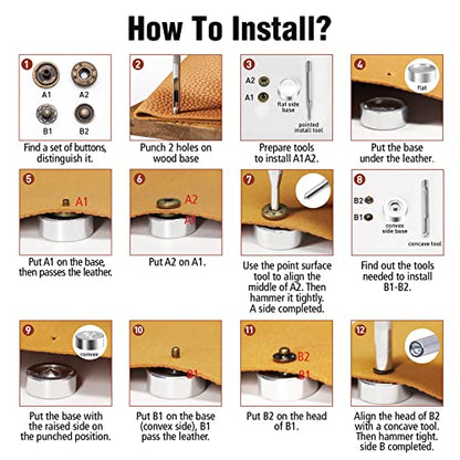 Alritz 120 Set Leather Snap Fasteners Kit, 12.5mm Metal Button Snaps Press Studs with 4 Setter Tools, 6 Color Leather Snaps for Clothes, Jackets, - WoodArtSupply