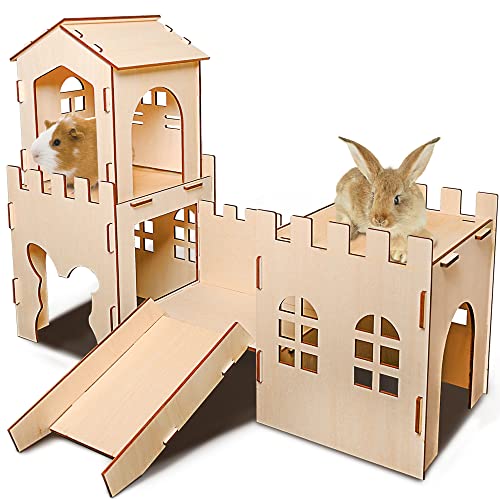 Extra Large Wooden Rabbit Castle Hideaway Tunnel and Bed Small Animal Hideaway Hut Solid Safe Construction Play Hideaway Hut for Rabbit Guinea Pig - WoodArtSupply