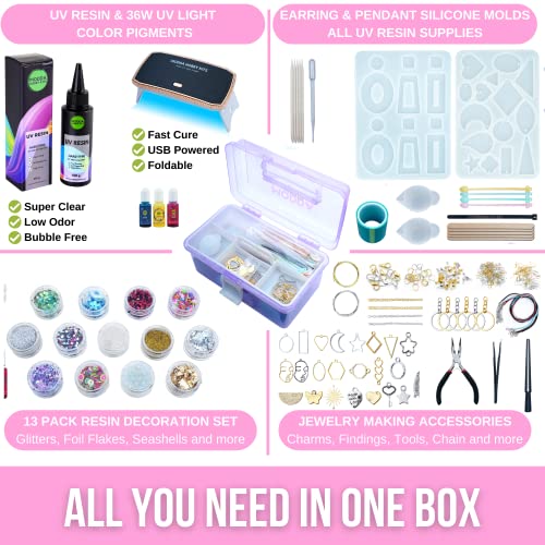 Modda UV Resin Kit with Light for Beginners with Video Course, Resin Jewelry Making Kit for Adults, Includes UV Resin, UV Lamp, Resin Glitters, Foil MODDA