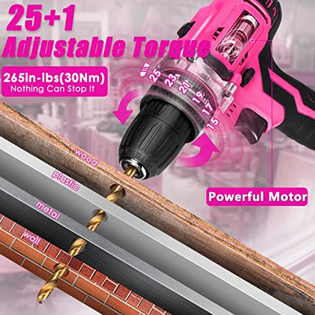 ThinkLearn Tool Kit with 20V Cordless Drill(265in-lbs), Pink Drill Set for Women, Lady's Home Tool Kit for DIY, Daily Repair Tool Set as a Creative ThinkLearn