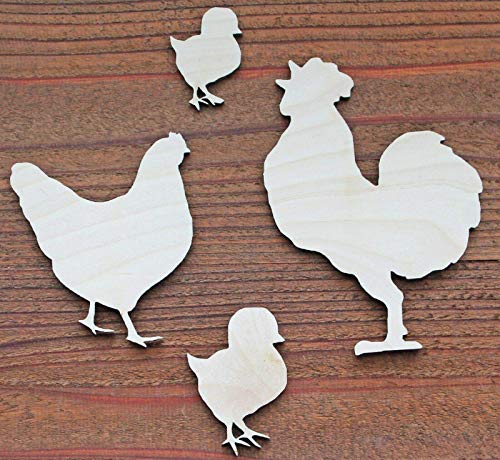 Set of 4 Rooster 1/8" thick Hen Chicks Chickens Unfinished Wood Laser Cut Out Crafts Farmhouse Sign DIY Ready to Paint or Stain - WoodArtSupply