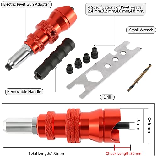 POWLAB Professional Rivet Gun Adapter Kit - Cordless Riveting Drill Tool with 4 Rivet Heads & 200 Blind Rivets - Easy Processing for Pop Rivets - POWLAB