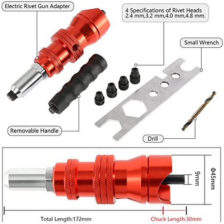 POWLAB Professional Rivet Gun Adapter Kit - Cordless Riveting Drill Tool with 4 Rivet Heads & 200 Blind Rivets - Easy Processing for Pop Rivets - POWLAB