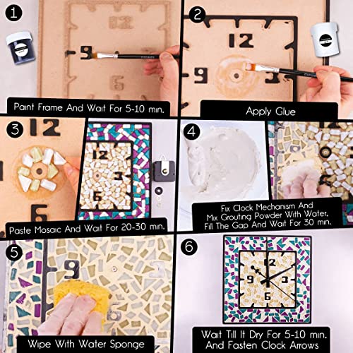 Mosaaro Glass Mosaic Tiles Kit Clock Square with Mechanism – Exclusive Art DIY GlassCraft for Adults and Teens – Creative Gift for Craft Lovers – - WoodArtSupply