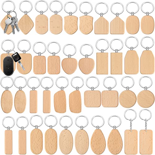 Wood Engraving Blanks Wooden Keychain Assorted Shape Unfinished Wooden Key Tag with Ring for DIY Gift Craft Accessories (20 Pcs)