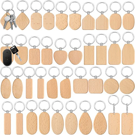 Wood Engraving Blanks Wooden Keychain Assorted Shape Unfinished Wooden Key Tag with Ring for DIY Gift Craft Accessories (20 Pcs) Cunno