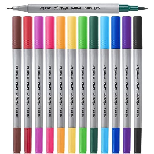 Mr. Pen- Dual Tip Brush Pens, 12 Colors, Art Markers for Kids Adults Coloring