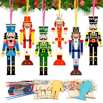 Fennoral 12 Pack Wooden Christmas Nutcracker Crafts for Kids Make You Own Nutcracker Wind Chime DIY Coloring Craft for Christmas Tree Hanging