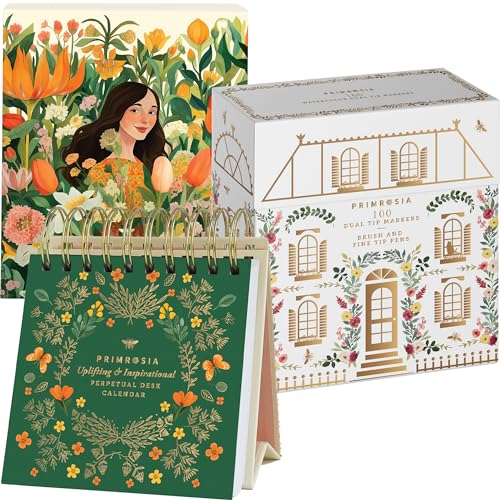 Ultimate Desk Set – Perpetual Desk Calendar + 100 Dual Tip Markers Primrosia