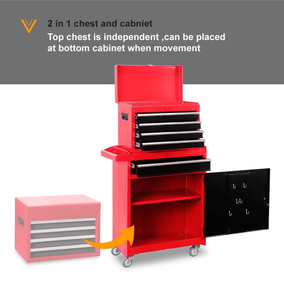 BIG RED 5-Drawer Rolling Tool Chest/Box with wheels,Metal Removable Tool Storage Cabinet for Garage and Workshop,Red/Black,ATBT3426R-RB BIG RED