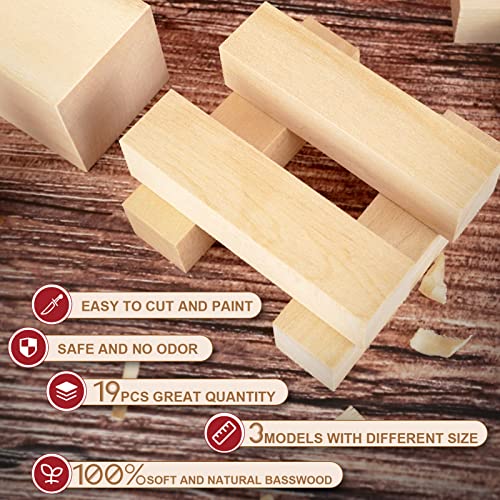 Basswood Carving Blocks, 19PCS Whittling Wood Blocks Wood Carving Kit with 3 Different Sizes, Bass Wood for Wood Carving Easy to Use, for Kids and