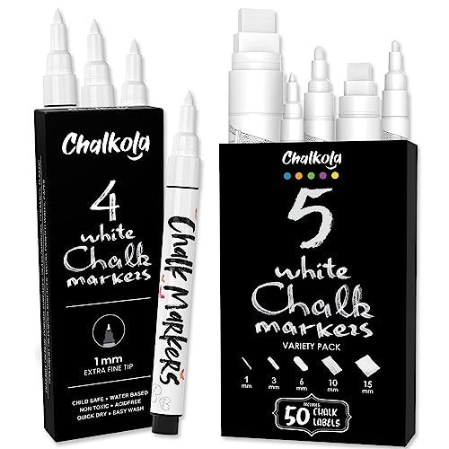 4 White 1mm + 5 White Variety Chalk Markers Bundle Chalkola