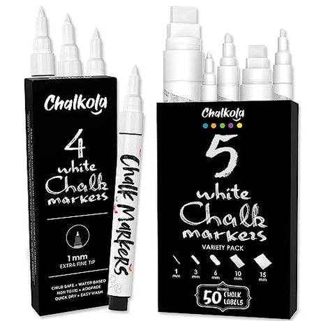 4 White 1mm + 5 White Variety Chalk Markers Bundle Chalkola