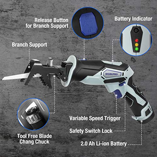 WORKPRO 12V Cordless Reciprocating Saw with Clamping Jaw, 2.0Ah Li-Ion Battery with 1 Hour Fast Charger, Variable Speed and Tool-Free Blade Change, 3 - WoodArtSupply