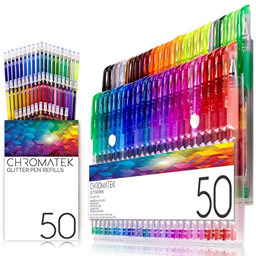 CHROMATEK Glitter Pens 100 Set Best Colors. 200% The Ink: 50 Gel Pens, 50 Refills. Super Glittery Ultra Vivid Colors. No Repeats. Professional Art CHROMATEK