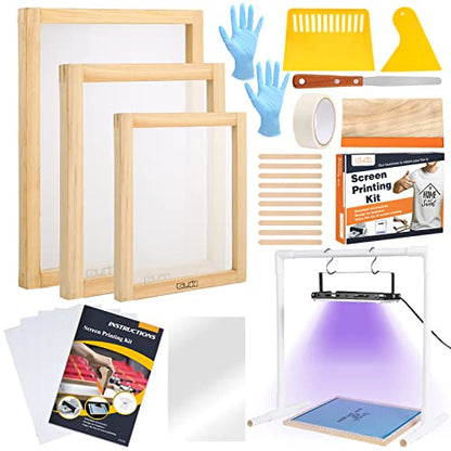 Caydo 32 Pieces Screen Printing Kit Includes UV LED Exposure Screen Printing Light, 3 Sizes Silk Screen Printing Frame, Acrylic Sheet, Inkjet Clear