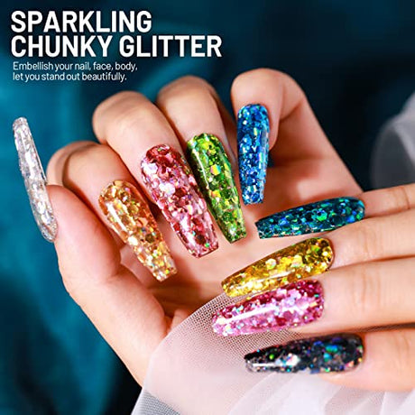 LEOBRO Holographic Chunky Glitter, 15 Colors Glitter, Craft Glitter for Resin, Nail Glitter, Festival Cosmetic Hair Face Body Glitter, Glitter Flakes LEOBRO