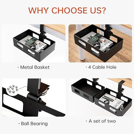 Gaxomo 2 Pack Clamp-on Side Desk Swivel Organizer, Under Desk Hidden Storage Drawer with Cable Hole, Hanging Desk Rotated Metal Basket for Extender Gaxomo