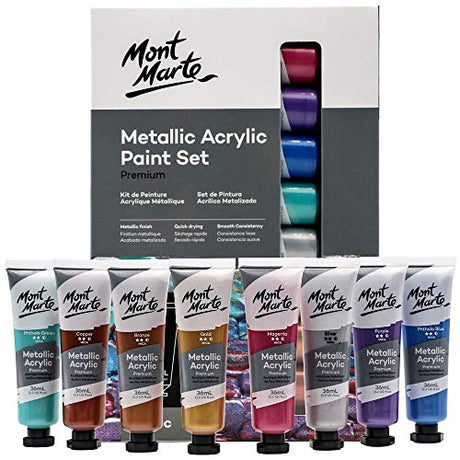 MONT MARTE Premium Metallic Acrylic Paint Set, 8 x 1.02oz (36ml) Tubes, 8 Colors, Suitable for Most Surfaces Including Canvas, Card, Paper and Wood MONT MARTE