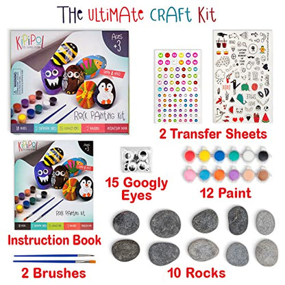 KIPIPOL Rock Painting Kit for Kids - DIY Arts and Crafts Set for Girls, Boys Ages 3, 4, 5 and Up - Fun Outdoor Activities w/10 Stones, 12 Acrylic