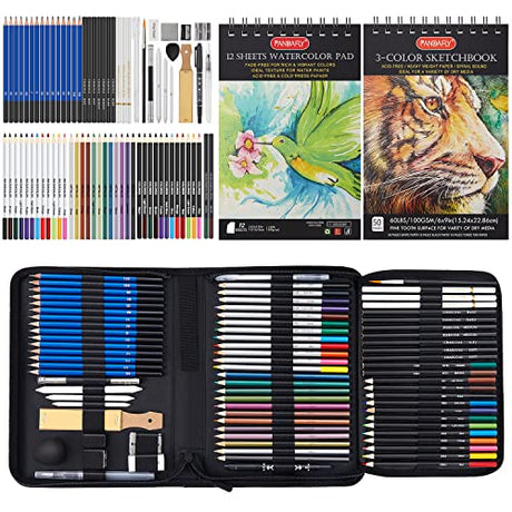 PANDAFLY 80 Pack Drawing Set Sketching Kit, Pro Art Supplies with 3-Color Sketchbook, Watercolor Pad, Colored, Graphite, Charcoal, Metallic Pencil, PANDAFLY