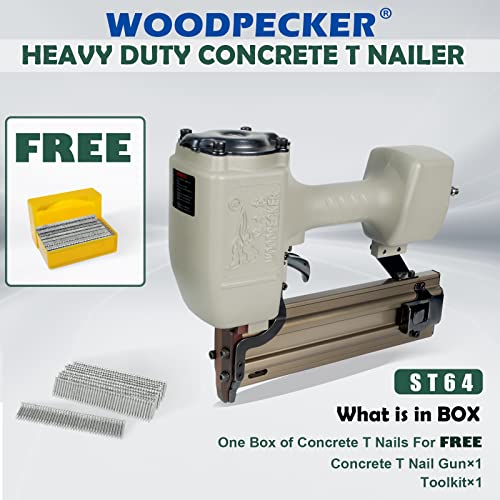 Woodpecker ST64 14 Gauge 3/4" to 2-1/2" Pneumatic Concrete T Nailer Gun with 400pcs Concrete T Nails, Air Power Heavy Duty Concrete Nail Gun Brad Since