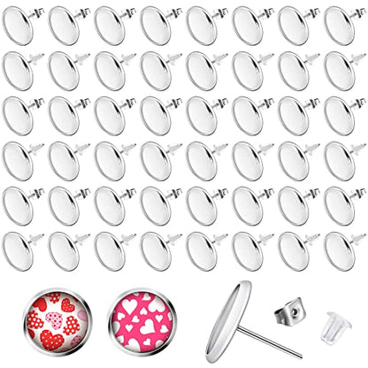300 Pieces Stud Earring Kit Include 100pcs 12 mm Stainless Steel Blank Stud Bezel Settings 100 Rubber Backs 100 Earring Backs (Silver with Silver and