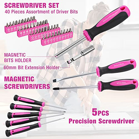 ValueMax Home Tool Kit with Drill, 233-Pieces Pink Tool Set with 12V Cordless Lithium-ion Drill, Power Tool Set with Wide Mouth Open Storage Bag, ValueMax