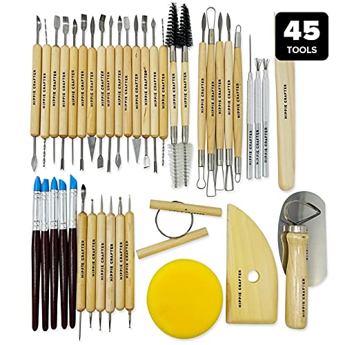 Pottery Tool Kit and Polymer Clay Tools Set for Modeling Sculpting Carving Tool Kit - 45 Pieces Ceramic Tools for Pottery Clay Sculpting Tools and HIPPIE CRAFTER