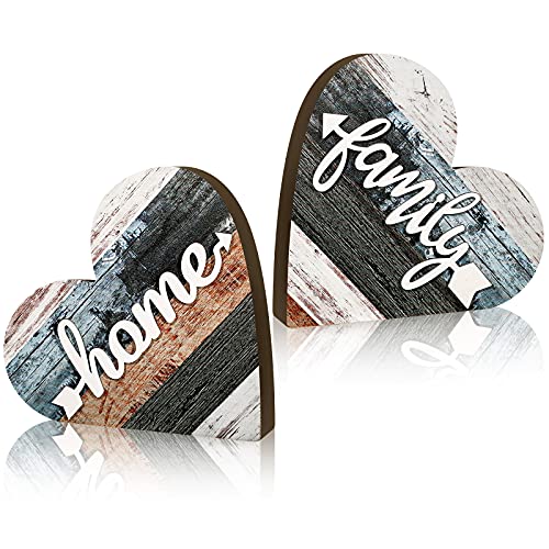 Jetec 2 Pcs Rustic Wood Home Sign Farmhouse Love Wooden Heart Shaped Table Centerpiece Valentines Day Decoration for Home Kitchen Living Room Dining Jetec