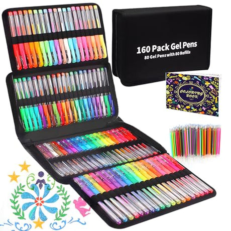 Oficrafted 160 Pack Gel Pen Sets for Adult Coloring Books, Colored Gel Pens with 40% More Ink, Gel Coloring Pens with Travel Case for Artists and Oficrafted