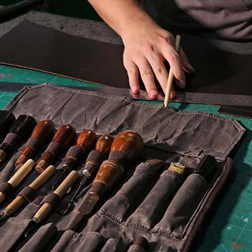 TOURBON Waxed Canvas Tool Roll Up Bag, 25-Pocket Wood Carving Chisel Carrying Case, Multi-Purpose Tool Pouch with Zipped Compartments TOURBON