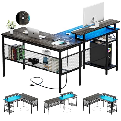 iSunirm L Shaped Computer Desk with Magic Power Outlets and Smart LED Light, Reversible Office Corner Desk with Ergonomic Monitor Stand, Large Gaming