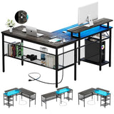 L-Shaped Ergonomic Computer Desk with Smart LED Lights and Versatile Power Outlets iSunirm