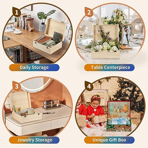 BeNiNat 2 Pack Unfinished Wood Box with Lid LargeWooden Box(14”x10.4”x 6.5"+12"x 9"x4.9") Pine Wooden Storage Box Wood Boxes for Crafts, Jewelry,
