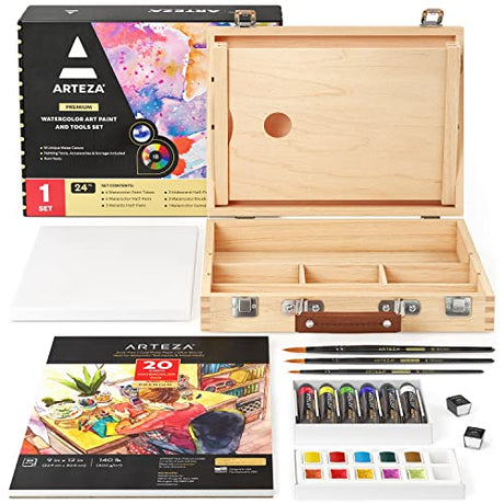 Arteza Watercolor Paint Kit, 24 Pieces, 18 Vibrant Watercolors, 3 Watercolor Brushes, Watercolor Paper Pad and Canvas, and Wooden Storage Case, Art ARTEZA
